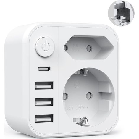 Adaptateur Voyage 6 en 1 avec 3 USB et USB-C Adaptateur France vers UK Prise Anglaise Adaptateur UK Type G pour Irlande Malaisie Angleterre Royaume-Uni Dubai (1/5)