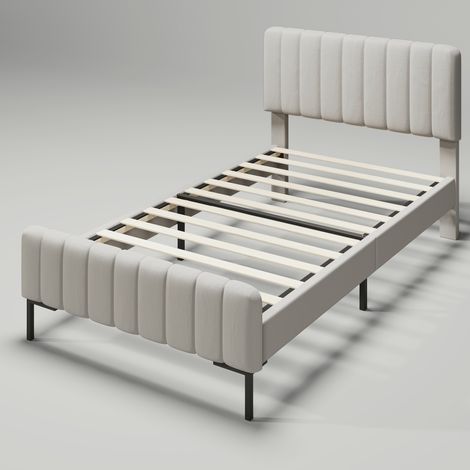 Lit simple rembourré 90 x 200 cm, cadre de lit avec sommier à lattes et tête de lit réglable, lit rembourré gris-beige, cadre de lit pour chambre d’ado ou chambre d’amis, matériau en lin (1/5)
