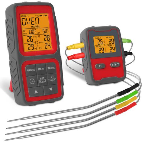 Kabelloses elektronisches 4-Pin-Außenthermometer mit intelligentem Alarm für Öfen und Grills.