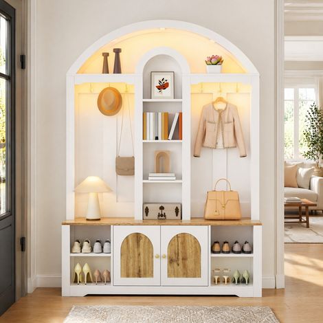 Mobile da ingresso con scarpiera, mensole e ganci, bianco e effetto legno HAVRYA (1/5)