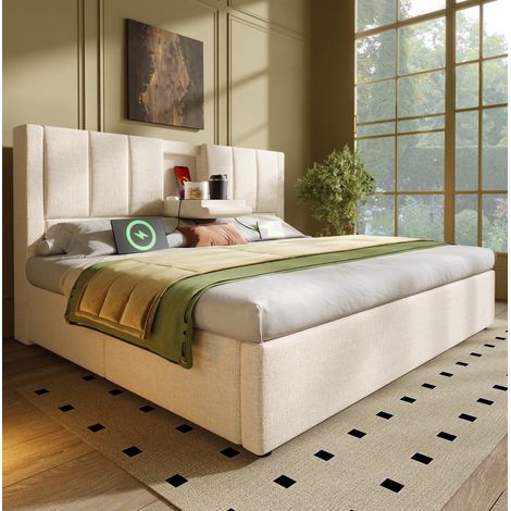 Letto 140x190 cm in tessuto beige con contenitore e USB, senza materasso – MEUBLIV (1/5)