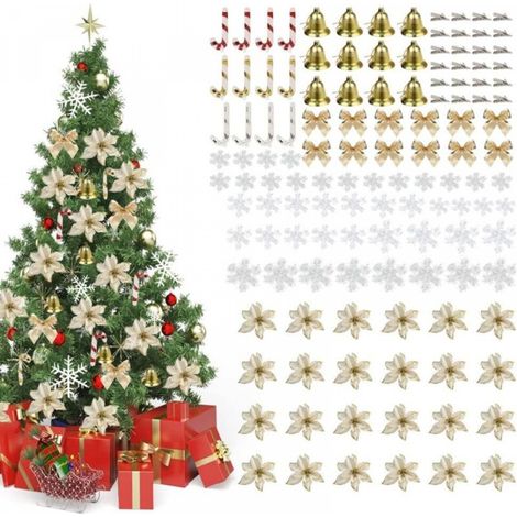 Ensemble de 120 décorations de Noël brillantes pour sapin de Noël, dont 24 poinsettias brillants, 24 pinces, 12 nœuds, 12 cloches, 12 cintres et 36 flocons de neige (dorés). (1/5)