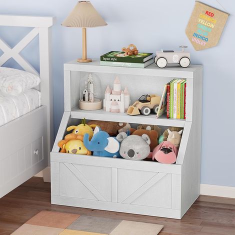 Bibliothèque Enfant en Bois avec Coffre à Jouets, 5 Compartiments, Rangement Anti-Basculement Gris clair (1/5)