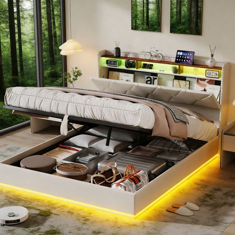 Lit coffre 140x200 CM avec sommier LED et Charge USB Type‑C - Tête de lit avec 3 compartiments - rangement Hydraulique - Lin beige (1/5)