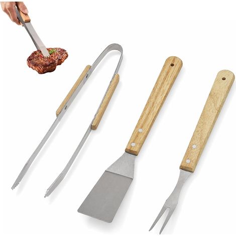 Set d'ustensiles de barbecue avec pince à barbecue, ensemble d'ustensiles de barbecue avec poignées en bois, convient pour les barbecues, les réunions de famille (1/5)