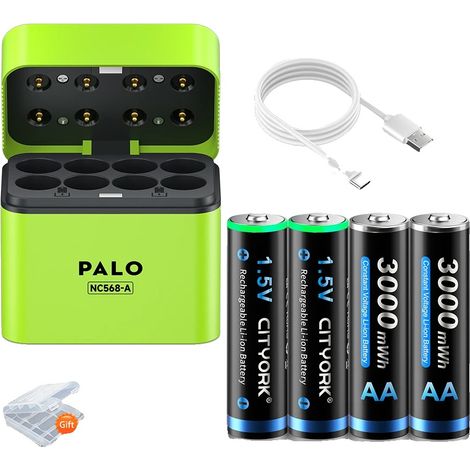 Batería recargable, capacidad de 3000 mWh, cargador de 8 ranuras, 1 cargador de 4 baterías. (1/2)