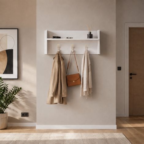 The White Stone Appendiabiti da Parete Bianco con Mensola e 3 Ganci Attaccapanni Ingresso Salvaspazio Moderno con Ripiano Portaoggetti Organizer da Muro 90x29x34 cm (1/5)