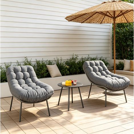 CHICFURN Salon de jardin 2 personnes gris en acier et polyester, table Ø 50 x 44 cm, coussins 15 cm (1/5)