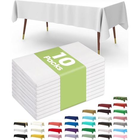 Lot de 10 nappes jetables en plastique, 137 x 274 cm, idéales pour les fêtes, les pique-niques, les mariages, ou comme nappe décorative. Rectangulaires, blanches, imperméables et résistantes.