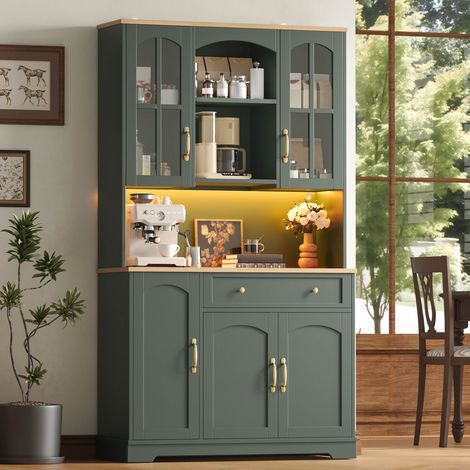 Armoire de cuisine haute 100x38x178 cm avec LED, 2 portes en verre trempé, 1 tiroir, étagères réglables, vitrine MDF vert (1/5)