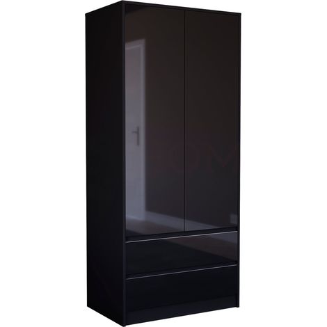 Glinton 2 Door 2 Drawer Wardrobe High Gloss With Hanging Rail & Storage Shelf, 100% FSC, Black (1/5)