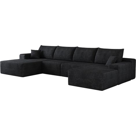 Canapé d'angle modulaire 340 cm avec chaise longue en velours côtelé noir (1/5)