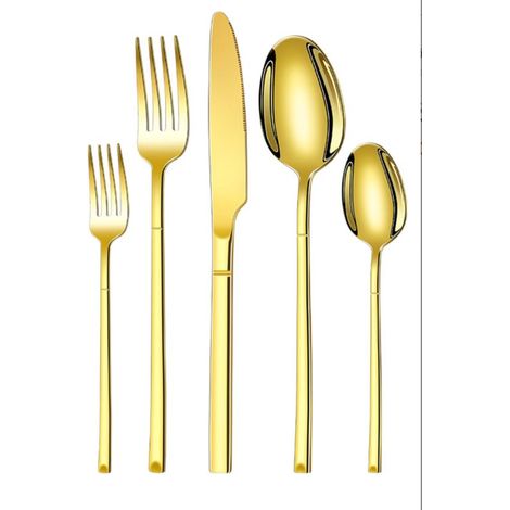 Ensemble de couverts 5 pièces - Ensemble de couverts - Ensemble de couverts dorés - Couteau, fourchette et cuillère - Couverts - Acier inoxydable 304 doré (1/5)