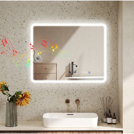 Specchio LED da bagno 90x70x3,5 cm in vetro temperato argento, antiappannamento – MEUBLIV (1/5)