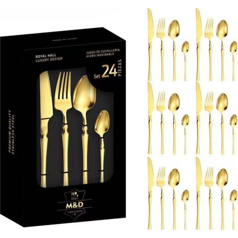 Service de couverts 24 pièces dans un coffret en bois à charnières — Acier inoxydable plaqué or, finition poli miroir, compatible lave-vaisselle