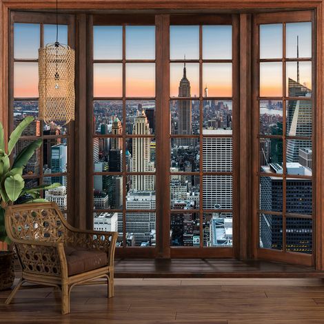 Papier peint panoramique Trompe l'oeil Fenêtre en bois - New York - 130 cm x 104 cm (1/5)