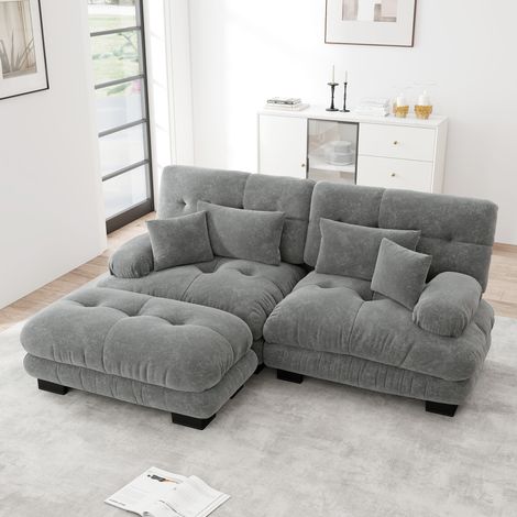 Divano angolare modulare in ciniglia grigia 220 x 145 x 81 cm con ottomana DESVIAE (1/5)