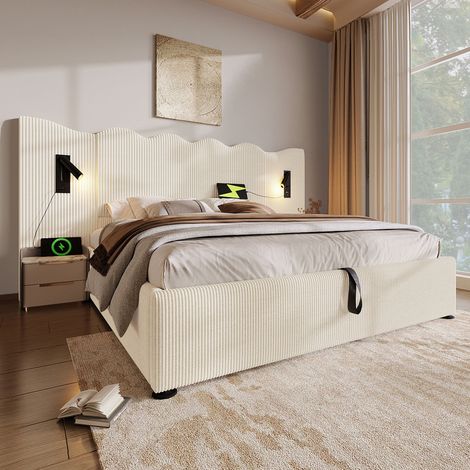 Letto contenitore 180x200 con lampada da lettura, USB Type-C, tessuto cord beige e bianco DESVIAE (1/5)