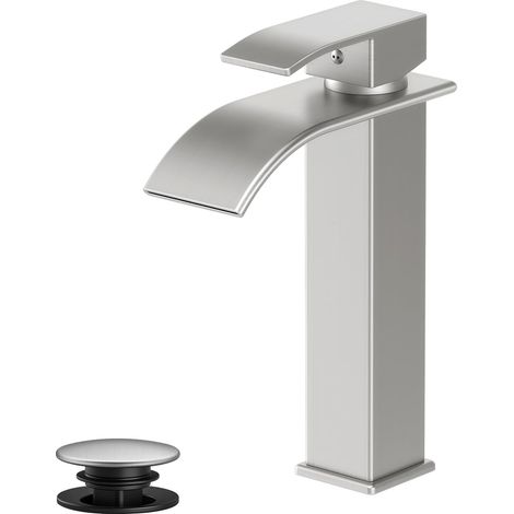 Robinet lavabo cascade, nickel brossé, surélevé, monocommande (1/5)