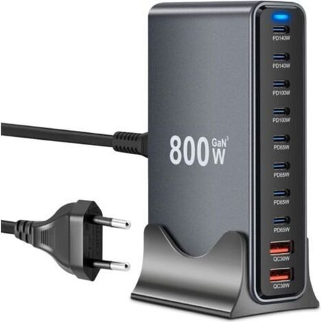 Caricabatterie rapido GaN III 10-in-1 da 800 W con USB-C, 8 porte USB-C + 2 porte USB-A, Power Delivery, stazione di ricarica USB-C per MacBook Pro/Air, iPhone, iPad, Samsung Plus (1/5)