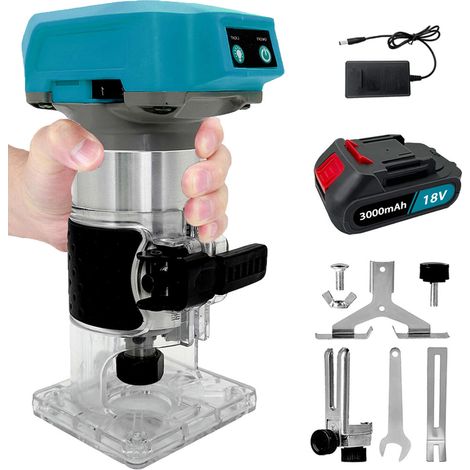 Router, utensile per fresatura compatto senza fili e senza spazzole, fresatrice palmare per rifinitura del legno, 6 velocità + 1 batteria da 3,0 A + caricabatteria, compatibile con batteria Makita