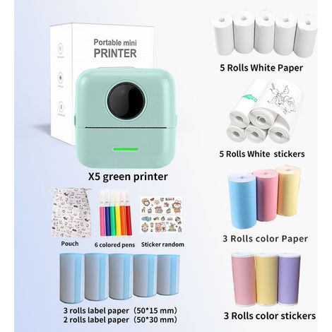 Mini Printer - Portable Mini Pocket Label, Picture, Error Correction Thermal Bluetooth Printer - X5 Green + 5 Thermal Papers + 5 Self-adhesive Stickers + 5 Label Papers + 3 Color Papers + 3 Color Self (1/4)