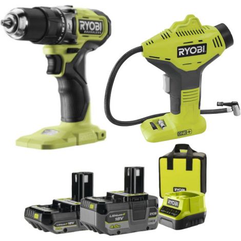 kit trapano a percussione brushless e compressore portatile ryobi - con 2 batterie 18v 2ah (1/5)