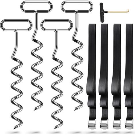 Kit d'ancrage au Sol 4 pièces pour Trampoline, balançoire, Chevilles d'ancrage en Spirale avec Sangles, Ancres de Trampoline, Chevilles d'ancrage en Acier (1/5)