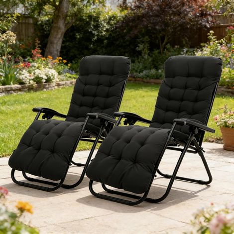Lot de 2 Coussins pour Chaise Longue, Polyester, 170x53x8 cm, Avec Sangles, Extérieur et Intérieur, Noir (1/5)