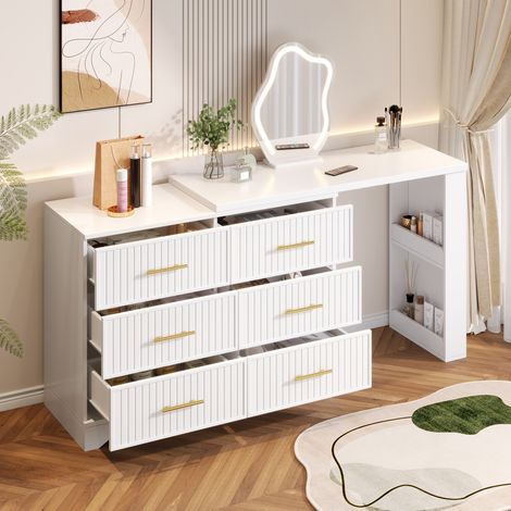 Tocador pivotant en L avec miroir LED, 6 tiroirs et étagères, blanc/doré, 110 x 40 x 129 cm (1/5)