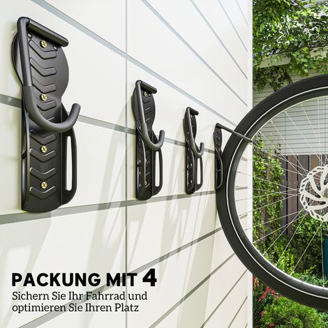 Lot de 4 supports muraux pliables verticaux pour vélos, noir, capacité 30 kg, rangement pour 4 bicyclettes.