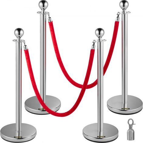 Edelstahl Absperrpfosten Seil Abgrenzungsständer Kugelkopf 2 Rote Samtseile Silberne Säule 4 Packung Crowd Control Barriers (1/5)
