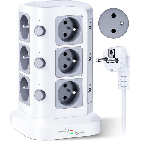 Tour Multiprise Type E, 12 Prises, 6 USB 12 Prises Type E, 6 USB, 4000W/16A, 3 Interrupteurs, Parafoudre (1/5)