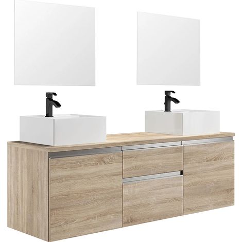 Meuble de salle de bain suspendu avec double vasque et miroirs - Naturel clair - 150 cm - JIMENA II