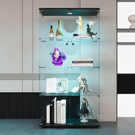 Vitrina de cristal de doble puerta, 4 estantes, vitrina para objetos de colección, con cerradura e iluminación LED, taquillas de cristal para oficina y sala de estar, color negro. (1/5)