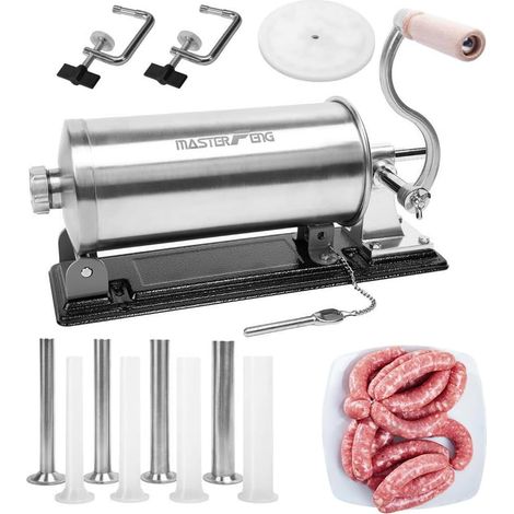 Machine horizontale à saucisses en acier inoxydable emballée avec 8 entonnoirs à farce et 1 piston en silicone, capacité de 2,7 kg (1/5)