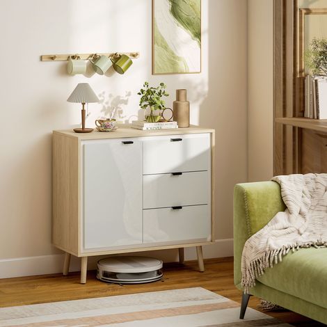 Buffet salon meuble de rangement armoire de cuisine placard à 2 portes 3 tiroirs et étagère réglable, blanc, 80x35x77cm (1/4)