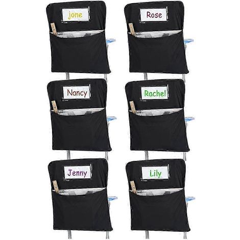 Set mit 6 Aufbewahrungstaschen für Stühle, Taschen und Fächer für Klassenzimmer- und Schülerstühle, schwarz.