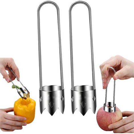 Snocciolatore per frutta in acciaio inox a 2 pezzi, snocciolatore per peperoni, trapano per snocciolare, cucchiaio per frutta, snocciolatore multifunzionale per frutta e verdura, antiruggine, robusto (1/5)