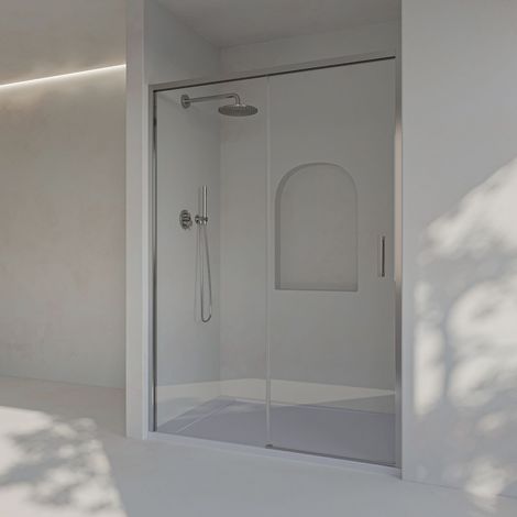 Paroi de douche coulissante + fixe, sans profilé inférieur, verre de sécurité 6 mm anticalcaire, 103,5 à 108 cm x 195cm H, RÉVERSIBLE, Argenté (1/5)