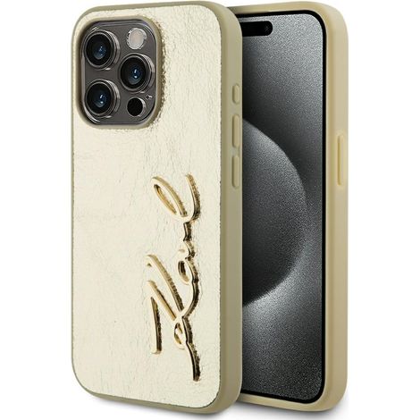 Funda metálica arrugada con la firma de Karl Lagerfeld para iPhone 15 Pro, color dorado. (1/5)