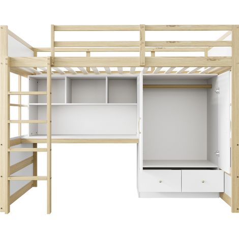 Letto a soppalco 90 x 200 cm con scrivania, armadio e cassetti, legno naturale (1/5)
