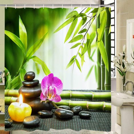 Zen Rideau de douche en textile anti-moisissure avec 12 anneaux Vert harmonieux Motif galets et bambou Facile d'entretien 180 x 200 cm (1/5)