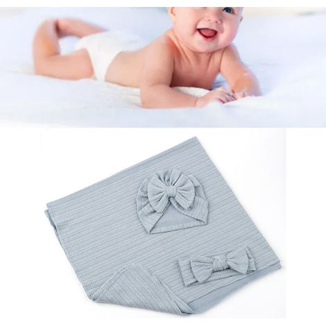 Ensemble 3 pièces en Coton Polyester Couverture d'emmaillotage Bandeau Élastique Bleu Unie Texture Douce (1/5)