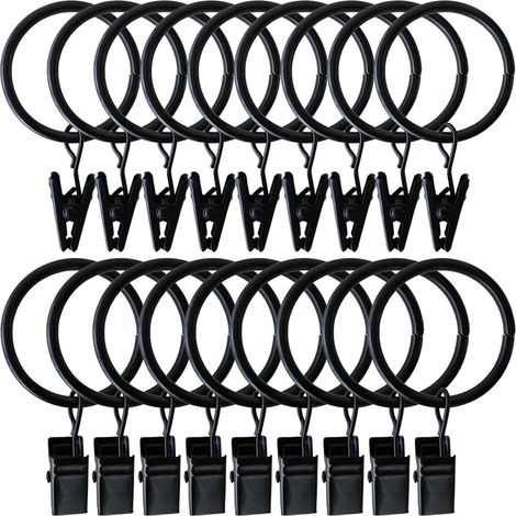 Vorhangringe, 20 Stück schwarze Metallringe zum Aufhängen von Vorhängen mit Clips, Vorhanghaken für Fenster, Schlafzimmer, Wohnzimmer, Balkon, Gardinenstangen (50 mm) (1/5)