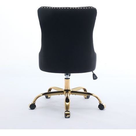 Fauteuil de Bureau en Velours Moderne, Chaise de Travail Pivotante avec Base Métal Doré, Dossier Capitonné à Boutons, Hauteur Réglable, Design Scandinave, Noir, DE1923BK (1/5)