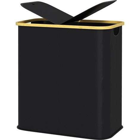 Panier à linge double pliable 80 L corbeille à linge sale avec couvercle, poignées rainurées, noir (1/5)