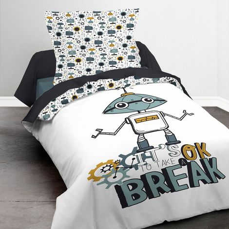 Parure de lit simple en coton imprimé robot - Multicolore - 140 x 200 cm - Livraison gratuite