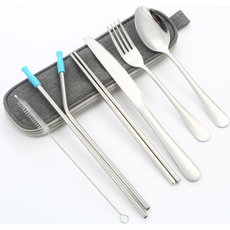 Ensemble de couverts de voyage réutilisables 8 en 1 en acier inoxydable avec étui – couteau, fourchette, cuillère, baguettes, pailles – Portable et de couleur argentée (1/4)