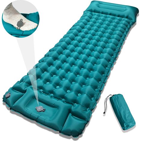 Matelas gonflable une place (bleu paon) avec oreiller, ultra confortable, léger et pliable, idéal pour les voyages. (1/5)